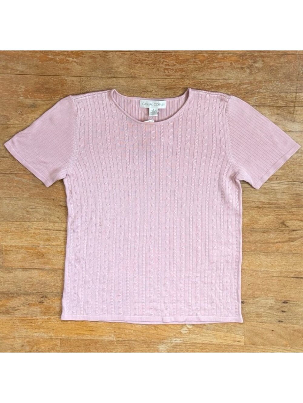 Vintage Ribbed Cable Knit Silk Top Size Small 90s Dusty Rose Pink Short Sleeve